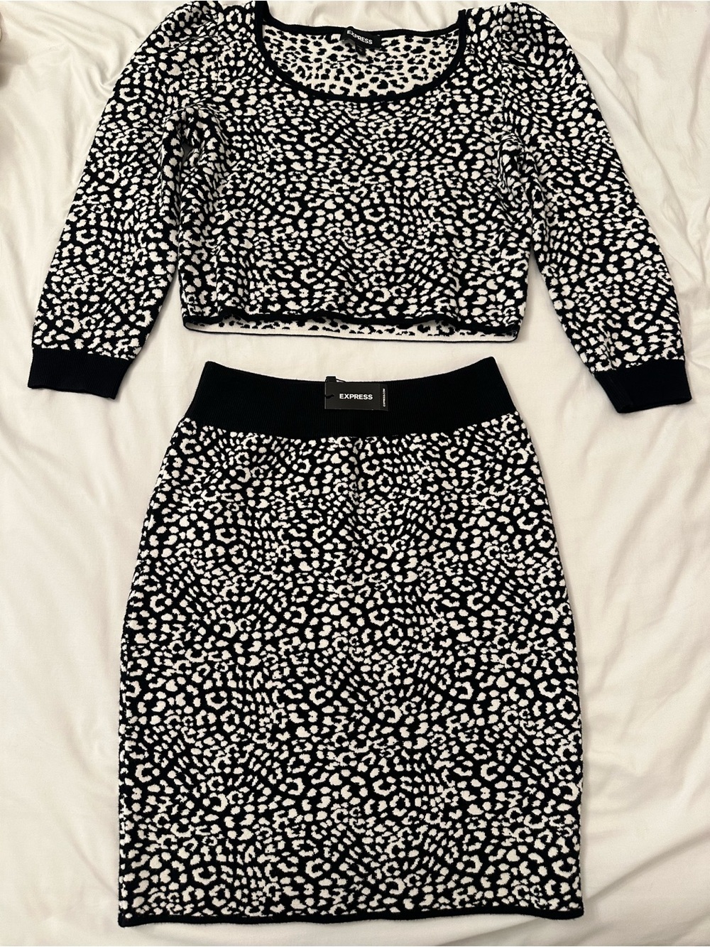 Express Black and White Leopard-Print Pencil Skirt and matching Top.